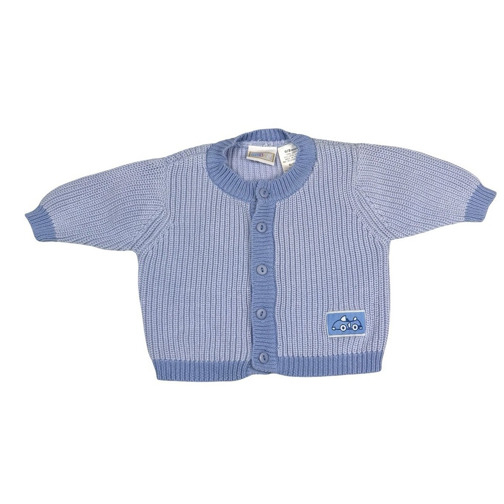 Vintage McKids Baby Knit Cardigan Sweater Blue Race Car Patch 0-3 Months